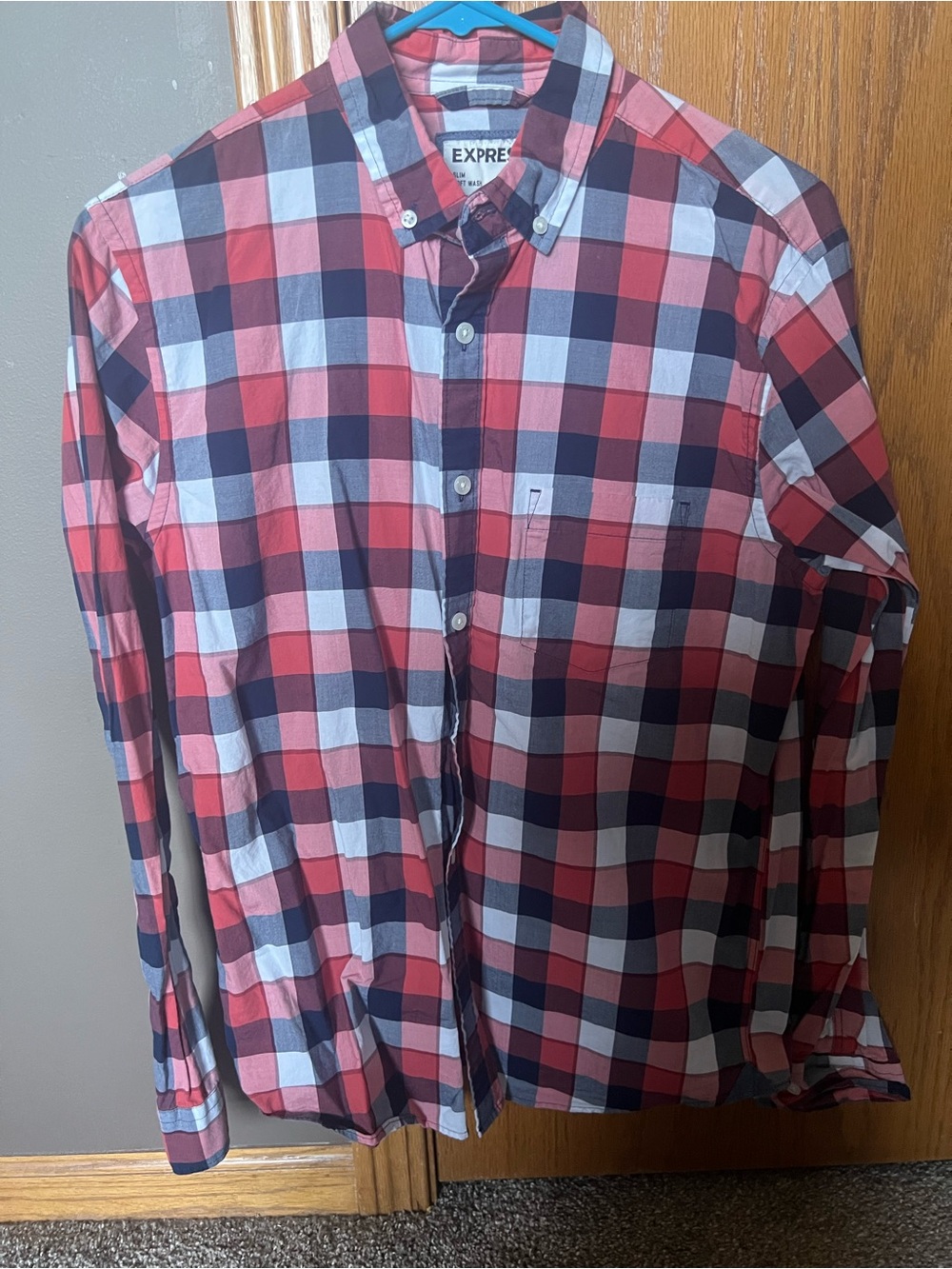 Express Red, Navy & White Plaid Button-Down Shirt